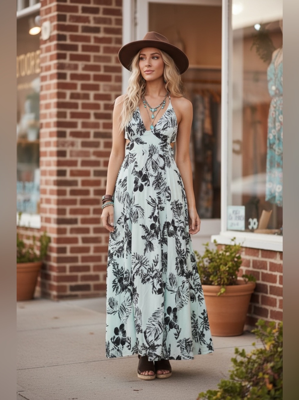 Free People Blue Black Floral Halter Backless Maxi Dress Tie Back Size Small